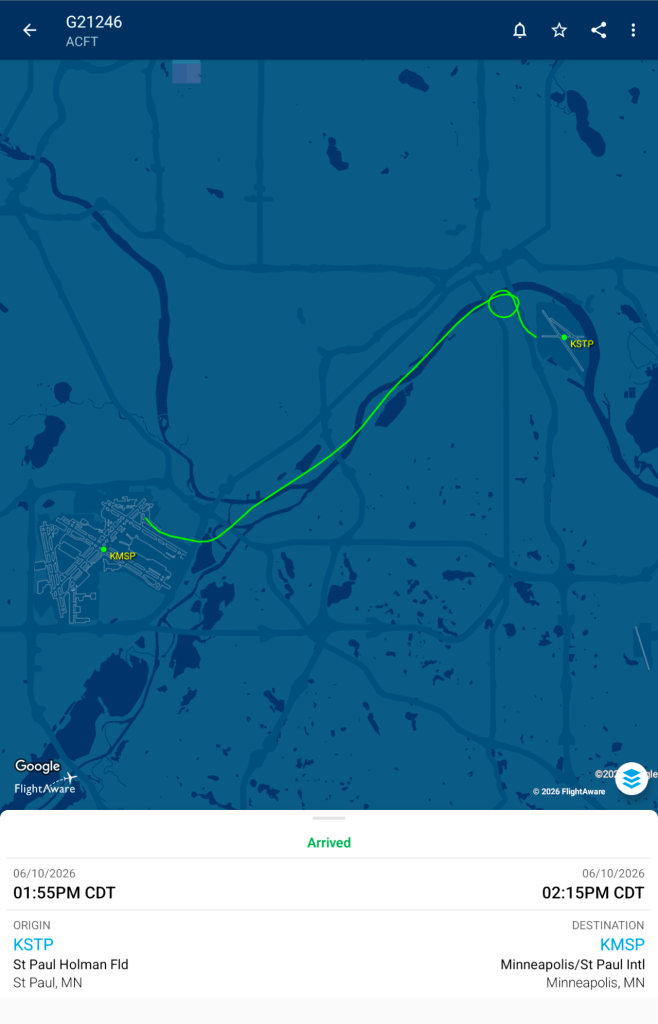 The image displays a flight tracking application featuring a map with a green line indicating an arrived flight path from St Paul Holman Field to Minneapolis St Paul International Airport, along with detailed origin and destination information including dates and times.